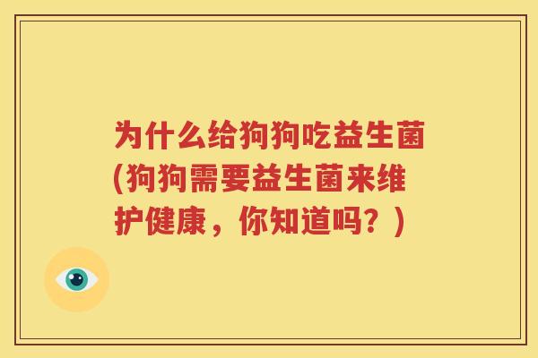 为什么给狗狗吃益生菌(狗狗需要益生菌来维护健康，你知道吗？)